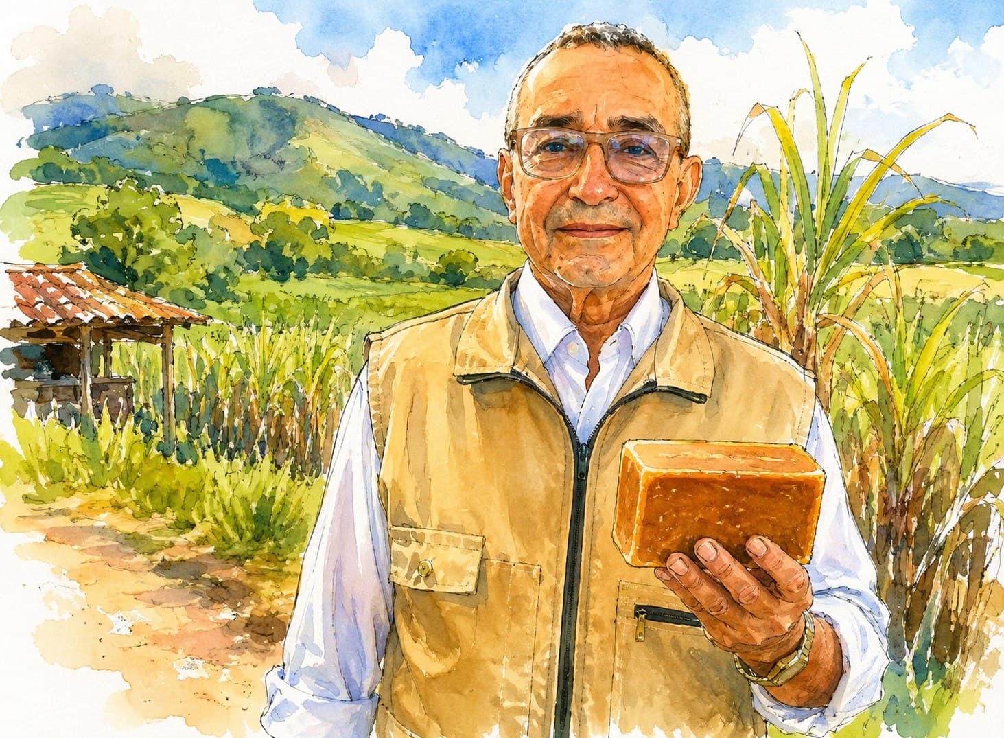 Ilustración en acuarela de don Luis Felipe Yagüe en un cañaduzal del Caquetá, sosteniendo un bloque de panela